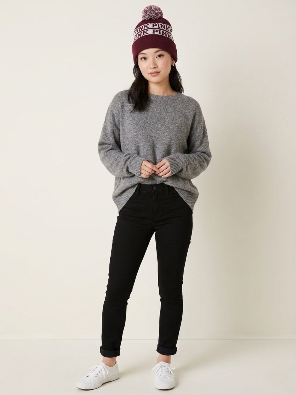 PINK Victoria's Secret Maroon and White Knit Pom Beanie